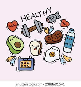 This is a collection of cute doodle images with healthy themes, this is perfect for your various needs such as stickers and others