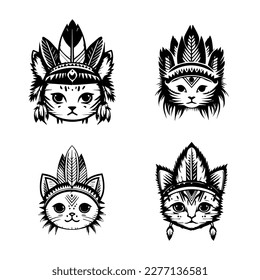 Esta colección de adorables logos de la cabeza de gatos kawaii está perfectamente acentuada con accesorios de jefe indio. Mano atraída por el amor