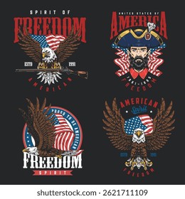 This collection displays bold designs featuring a majestic eagle and a historical figure emphasizing themes of freedom and patriotism in a striking artistic style.