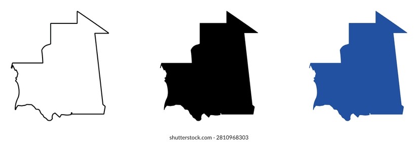 This collection displays the geographical outline and solid silhouette of Mauritania, a nation located in the Maghreb region of Northwest Africa
