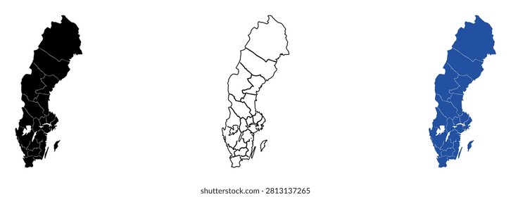 This collection displays the geographical outline of Sweden with its internal administrative regions clearly delineated