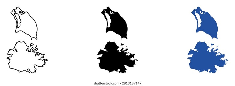 This collection displays the geographical outlines of Antigua and Barbuda, presented in black and white and blue color variations for diverse design needs