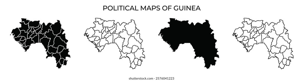 This collection displays political maps of Guinea featuring various regions in distinct styles. The maps illustrate administrative boundaries, enhancing geographical understanding.