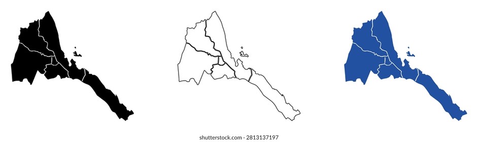 This collection displays three distinct representations of Eritrea's geographical outline and internal borders, including a solid black silhouette, a detailed line drawing, and a solid blue filled map