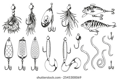 This collection displays a variety of fishing lures and hooks designed for different types of angling. Each lure features distinct shapes and materials to attract fish effectively.