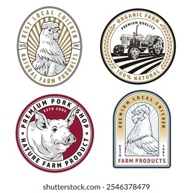 This collection displays various labels for farm products including local chicken and pork emphasizing quality and organic farming practices.