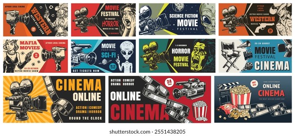 This collection displays various movie festival posters featuring genres like science fiction horror and western emphasizing online cinema and ticket availability for audiences.