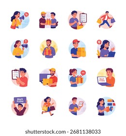 This collection of diverse illustrations depicts various aspects of Black Friday shopping and delivery.
