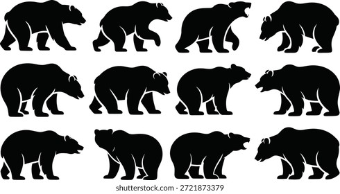 Esta colección presenta 12 llamativas siluetas de oso negro, que ilustran movimientos dinámicos, como pararse, caminar y rugir ferozmente.