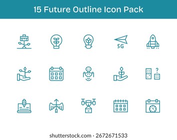 Diese Kollektion umfasst 15 Symbole im Outline-Stil, die auf das Thema "Zukunft" zugeschnitten sind und sich hervorragend für digitales Design eignen.