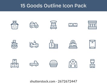Esta colección presenta 15 iconos de estilo Outline adaptados a la temática de Goods, ideales para el diseño digital.