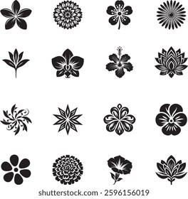 This collection features 16 elegant black flower silhouettes, perfect for vector designs, T-shirts, logos, and digital artwork. Each flower represents a unique style with decorative graphics.