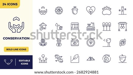 This collection features 24 Heavy Line PIXEL perfect vector icons tailored to the Conservation theme, optimized in 128x128 format for digital design.