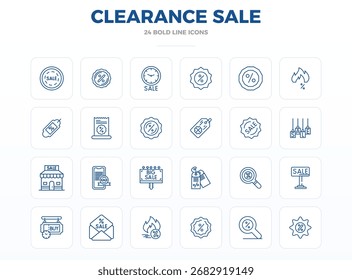 Diese Kollektion umfasst 24 perfekte Vektorsymbole mit starkem Umriss, die perfekt auf das Thema Clearance Sale zugeschnitten sind und im Format 128 x 128 für digitales Design optimiert wurden.