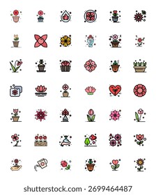 Esta colección cuenta con 42 iconos vectoriales editables llenos de líneas adaptados al tema Blossom, optimizados en formato 64x64 para diseño digital.