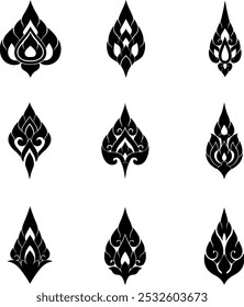 This collection features 9 traditional Thai patterns in a detailed Silhouette vector format. These symmetrical designs are ideal for cultural projects, logos, tattoos, and decorative art.