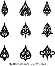 This collection features 9 traditional Thai patterns in a detailed Silhouette vector format. These symmetrical designs are ideal for cultural projects, logos, tattoos, and decorative art.