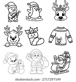 This collection features adorable black and white outlines of Santa Claus, reindeer, penguins, and holiday sweaters. Ideal for festive coloring books, seasonal stickers, and kid friendly crafts.