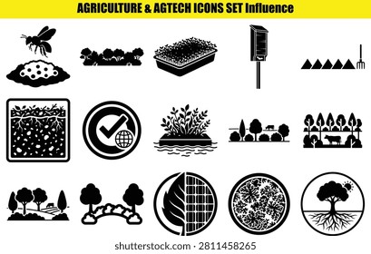 This collection features agricultural elements and farming practices rendered as two-tone pictograms. Subjects include bees soil crops livestock and irrigation systems. The style is simplified and schematic.