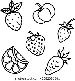 This collection features beautifully drawn illustrations of various fruits, from juicy berries to tropical delights