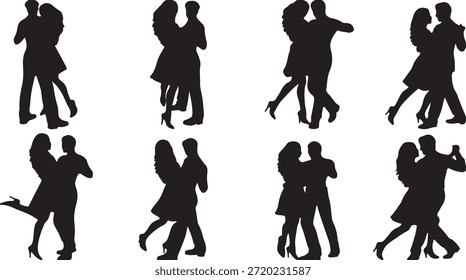 Diese Kollektion zeigt schwarze Silhouetten von Paaren, die an verschiedenen gesellschaftlichen Tänzen teilnehmen und ihre eleganten Schritte und synchronisierten Bewegungen zeigen.
