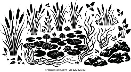 This collection features black silhouettes of aquatic plants, including cattails, water lilies, and mossy rocks. It is ideal for illustrating wetland ecosystems, pond landscapes, and nature-inspired botanical designs.
