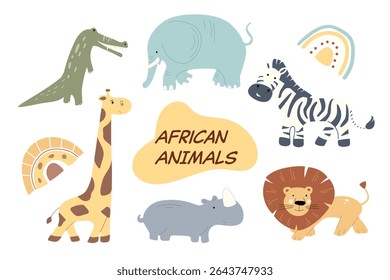 This collection features charming illustrations of African safari animals, including a lion, elephant, zebra, and giraffe. Each character displays a whimsical style, perfect for children's decor.