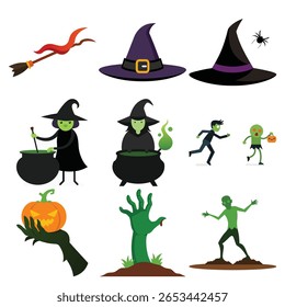 Esta coleção apresenta imagens clássicas de Halloween: duas bruxas preparando poções, uma aranha em um chapéu, uma vassoura, uma mão segurando uma abóbora e vários zumbis.