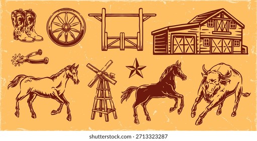 This collection features classic western symbols like horses cowboy boots a windmill a ranch barn and a wagon wheel perfect for a rustic themed project or decoration.