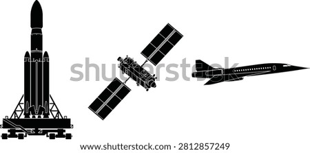 This collection features clean black silhouette vectors of a space rocket, orbital satellite, and supersonic aircraft. These technical icons are perfect for educational diagrams, infographics, and engineering project layouts.
