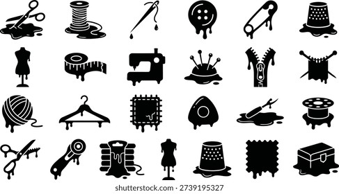This collection features a comprehensive set of black and white silhouette vectors related to sewing and fashion. The icons include various tools and elements such as sewing machines, threads, needles, scissors, fabrics, and clothing items like dresses and hats. These vector graphics are ideal for use in fashion themed artwork, crafting projects, printable designs, and decorative creative endeavors. The silhouettes are versatile and can be easily customized for different applications, making them suitable for a wide range of commercial and personal uses.