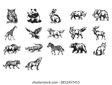 This collection features a comprehensive set of detailed animal silhouettes, showcasing a diverse range of wildlife species, including mammals, birds, and predators in artistic, sketch-style illustrations. These versatile, high-quality vector graphics are perfect for enhancing nature-themed projects, educational materials, branding, posters, or any creative work that requires authentic and striking animal imagery to add depth and visual interest to your designs.

#AnimalSilhouettes #WildlifeIllustration #VectorSet #NatureGraphics #AnimalArt #SketchStyle #CreativeAssets #DesignElements #MonochromeArt #GraphicCollection