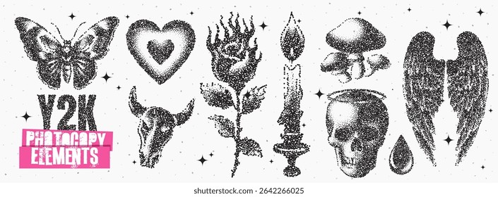 This collection features detailed illustrations including a butterfly, heart, rose, skull, candle, and more, showcasing various themes related to the Y2K aesthetic.
