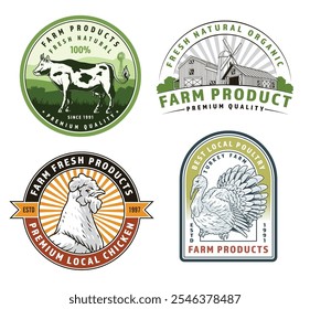 This collection features distinct farm product labels emphasizing organic quality and local sourcing. Each label highlights different products like chicken and turkey evoking freshness.