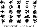 This collection features a diverse range of black and white mythical creature silhouettes, including dragons, unicorns, phoenixes, and more. The vector graphics are designed for use in fantasy themed artwork, gaming assets, printable crafts, and decorative creative projects. The silhouettes are perfect for adding a touch of magic and mystery to your designs. With a variety of poses and styles, this collection is ideal for designers, artists, and crafters looking for unique and imaginative elements to enhance their work.