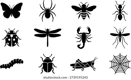 This collection features a diverse range of insect silhouettes, including butterflies, spiders, beetles, ladybugs, dragonflies, scorpions, grasshoppers, caterpillars, and spider webs. The black and white vector illustrations are perfect for use in graphic design, educational materials, and scientific publications. The silhouettes can be used to create visually appealing graphics, illustrations, and designs for various applications, including web and print materials.