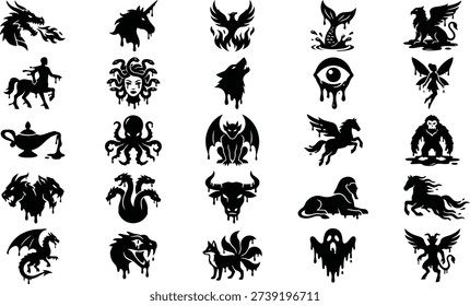 This collection features a diverse range of black and white mythical creature silhouettes, including dragons, unicorns, phoenixes, and more. The vector graphics are designed for use in fantasy themed artwork, gaming assets, printable crafts, and decorative creative projects. The silhouettes are perfect for adding a touch of magic and mystery to your designs. With a variety of poses and styles, this collection is ideal for designers, artists, and crafters looking for unique and imaginative elements to enhance their work.