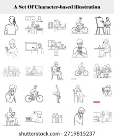 Esta coleção apresenta um conjunto diversificado de ilustrações baseadas em personagens que mostram diferentes atividades e cenários, ideais para web design, apresentações e materiais educacionais.