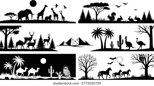 This collection features a diverse set of black and white animal silhouettes displayed across multiple scenes. Each artistic panel highlights unique wildlife creatures including elephants, giraffes, camels, and owls. These high-contrast graphic designs are perfect for creative projects, educational materials, or decorative illustrations that require a clean and modern minimalist aesthetic style.