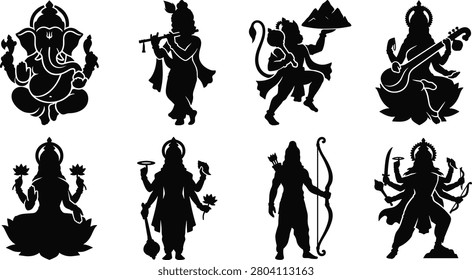This collection features eight detailed black silhouettes of major Hindu gods and goddesses, including Ganesha, Krishna, and Durga. These versatile vector graphics are perfect for religious festival invitations, spiritual branding, web design, and cultural educational materials.
