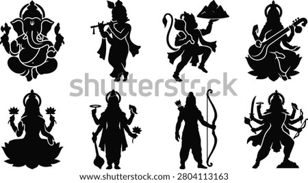 This collection features eight detailed black silhouettes of major Hindu gods and goddesses, including Ganesha, Krishna, and Durga. These versatile vector graphics are perfect for religious festival invitations, spiritual branding, web design, and cultural educational materials.
