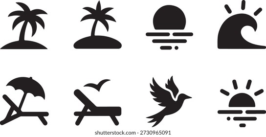 Diese Kollektion enthält acht verschiedene schwarze Silhouettensymbole, die verschiedene Elemente von Strand- und Urlaubsthemen darstellen. Das Set umfasst zwei stilisierte Palmen auf kleinen Inseln, eine schöne Darstellung eines Sonnenuntergangs oder Sonnenaufgangs über Wasser, eine dynamische Meereswelle mit strahlenden Sonnenstrahlen, einen bequemen Strandstuhl gepaart mit einem Sonnenschirm, einen weiteren Strandstuhl mit einem Vogel im Flug darüber, eine eigenständige Silhouette eines fliegenden Vogels und eine helle Sonne mit über Wasser strahlenden Strahlen. Diese vielseitigen Symbole eignen sich perfekt zur Illustration von Reisen, Sommerferien, tropischen Reisezielen oder Freizeitaktivitäten.