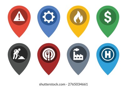 This collection features eight distinct location pin icons. each pin displays a different symbol, indicating services like alerts, settings, fire, finance, construction, dining, industry, and medical facilities.