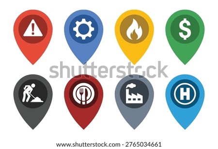 This collection features eight distinct location pin icons. each pin displays a different symbol, indicating services like alerts, settings, fire, finance, construction, dining, industry, and medical facilities.