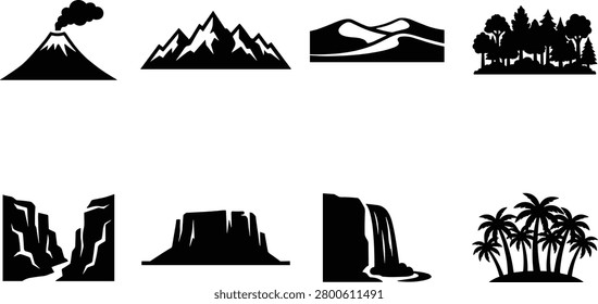 This collection features eight minimalist black silhouettes representing diverse natural landscapes and biomes from deserts to tropical islands. These icons are perfect for travel logos, environmental infographics, and geographic educational materials.
