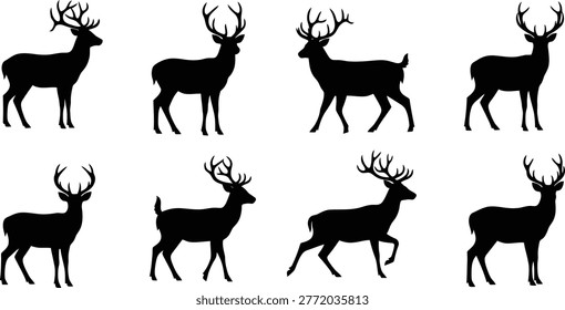 This collection features eight unique black silhouettes of majestic deer, displaying various antler formations and distinct body stances. Each graphic icon highlights the graceful anatomy of the stag, making these vector elements perfect for professional design projects related to wildlife, nature, hunting, or forest conservation themes requiring high-quality minimalist animal imagery assets.