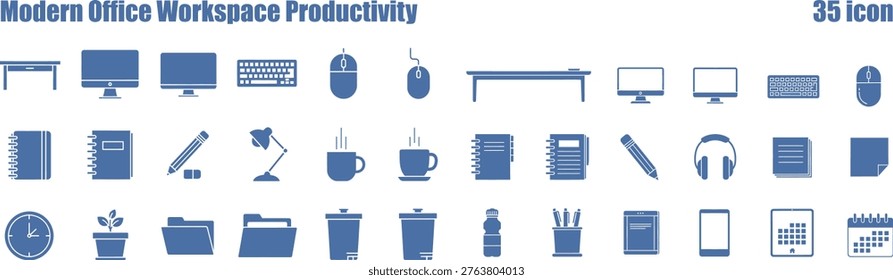This collection features essential icons for a modern office workspace, including technology and stationery. Ideal for business presentations, apps, or website designs.
