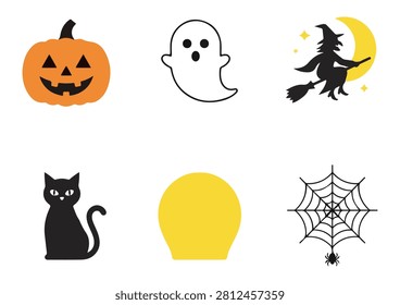 This collection features a festive Halloween icon set, including a jack-o'-lantern, a ghost, a witch on a broomstick, a black cat, a moon, and a spider web. These clean, flat-style vector graphics are perfect for enhancing Halloween-themed projects, party invitations, social media graphics, holiday marketing materials, or any creative work that requires fun and recognizable seasonal elements to add a spooky yet charming touch to your designs.

#HalloweenIcons #FestiveGraphics #VectorSet #HalloweenDesign #HolidayElements #PumpkinGraphic #GhostIcon #WitchIcon #BlackCatIcon #SpiderWeb