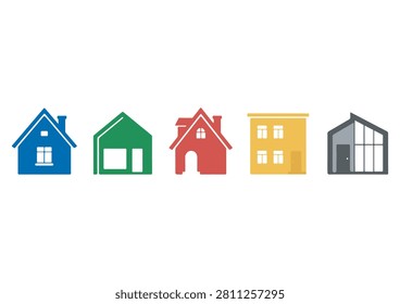 This collection features five distinct residential and building icons, showcasing a variety of architectural house styles, rendered in a clean, flat, and professional design. The set includes different house and structure silhouettes, perfect for real estate websites, urban planning projects, construction company portfolios, or any creative design project requiring recognizable and versatile building symbols.

#BuildingIcons #RealEstateGraphics #VectorSet #ArchitecturalDesign #ResidentialIcons #HomeProperty #ConstructionAssets #FlatDesignElements #UrbanPlanning #HouseDesign