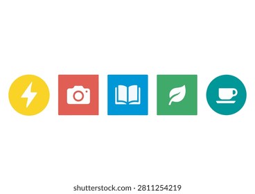 This collection features five modern app icons, each designed in a clean, flat style within distinct shapes. The set includes a yellow circular flash icon, a red square camera icon,square book icon, a green square leaf icon, and a teal circular coffee cup icon. These versatile graphics are perfect 

#UIIcons #AppDesign #VectorGraphics #FlatDesign #ModernSymbols #CreativeIcons #WebUI #MinimalistDesign #FunctionalIcons #DigitalAssets